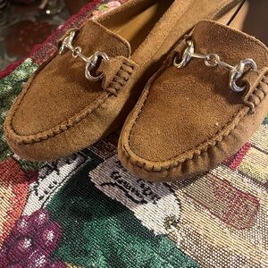 Brown Suede Loafers with Gold Detailing